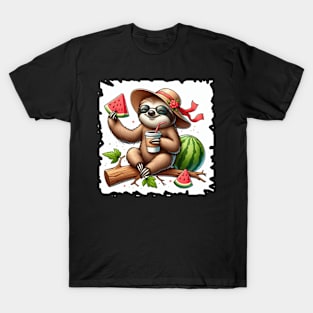 Sloth drinks coffee and eats watermelon T-Shirt